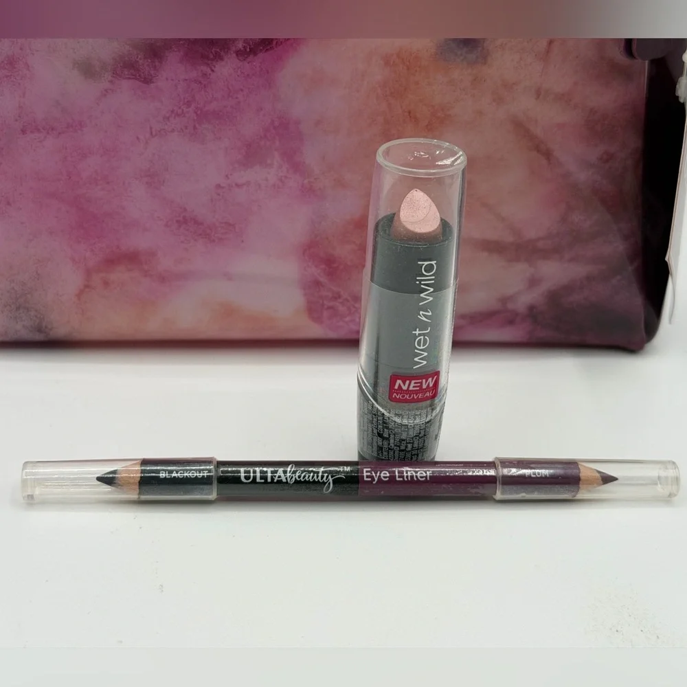 Ulta Purple Makeup Bag With Ulta Eye Liner And Wet n Wild Pink Lipstick - New